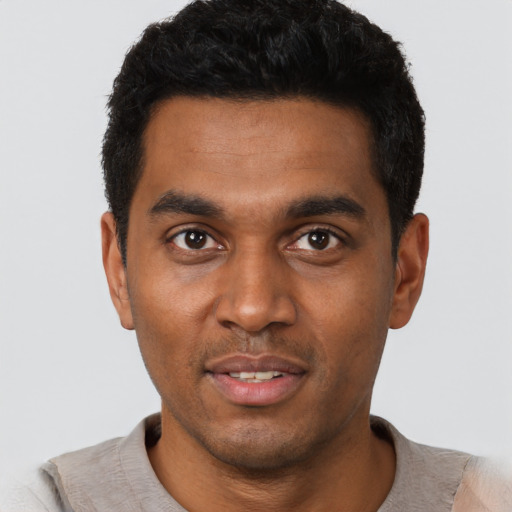 Neutral black young-adult male with short  black hair and brown eyes