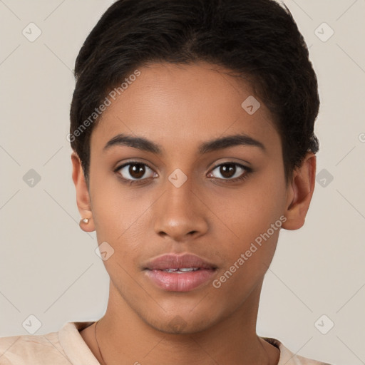 Neutral latino young-adult female with short  brown hair and brown eyes