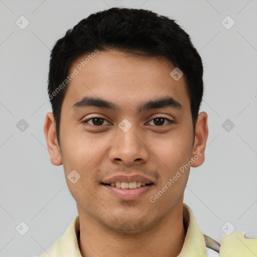 Joyful latino young-adult male with short  black hair and brown eyes