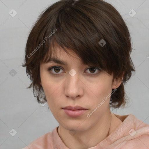 Neutral white young-adult female with medium  brown hair and brown eyes