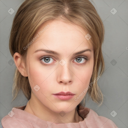 Neutral white young-adult female with medium  brown hair and blue eyes