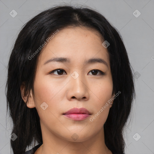 Neutral asian young-adult female with medium  brown hair and brown eyes