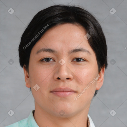 Neutral asian young-adult male with short  brown hair and brown eyes