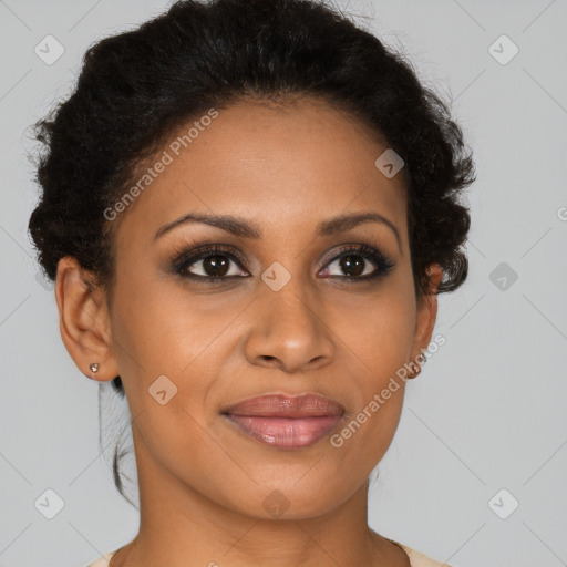 Joyful latino young-adult female with short  brown hair and brown eyes