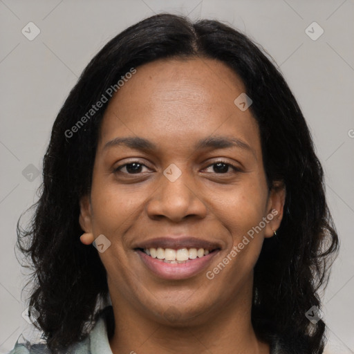 Joyful black young-adult female with medium  black hair and brown eyes