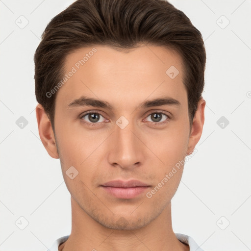 Neutral white young-adult male with short  brown hair and brown eyes