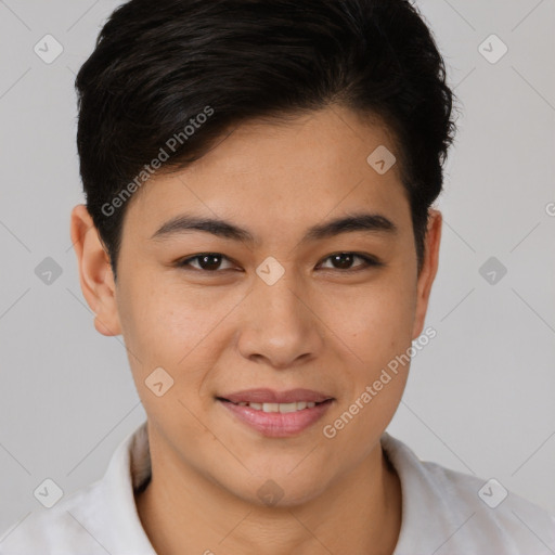 Joyful asian young-adult female with short  brown hair and brown eyes