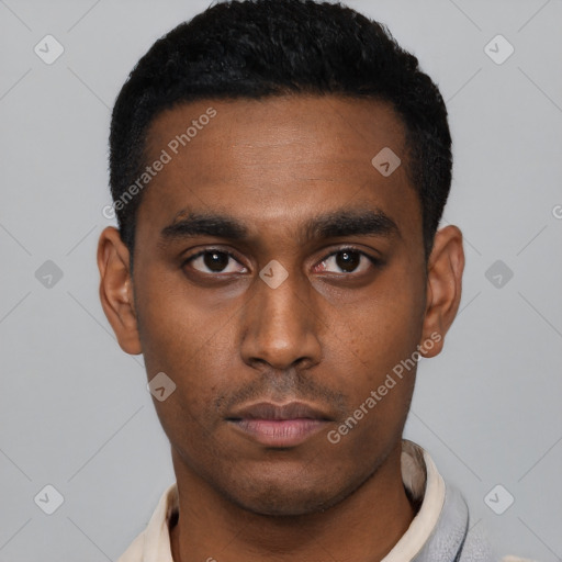 Neutral black young-adult male with short  black hair and brown eyes
