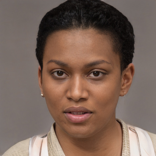 Neutral latino young-adult female with short  brown hair and brown eyes