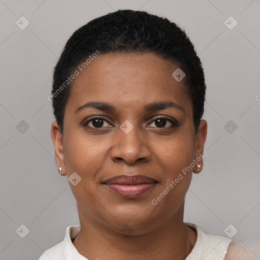 Joyful black young-adult female with short  black hair and brown eyes