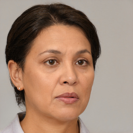 Joyful white adult female with short  brown hair and brown eyes