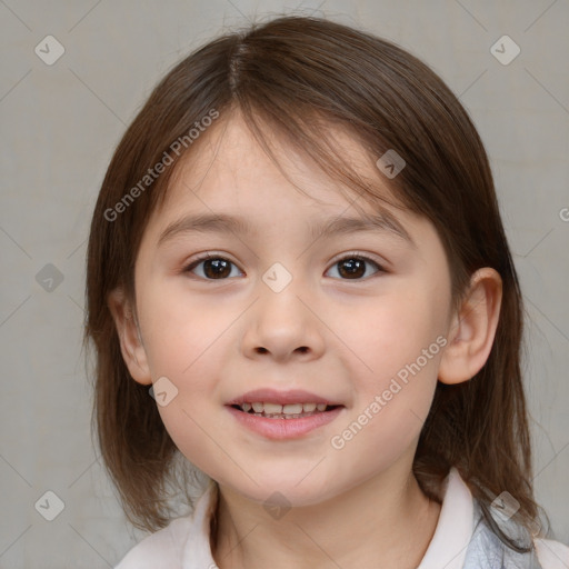 Joyful white child female with medium  brown hair and brown eyes