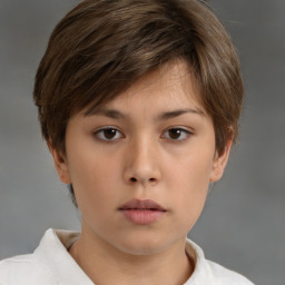 Neutral white young-adult female with short  brown hair and brown eyes