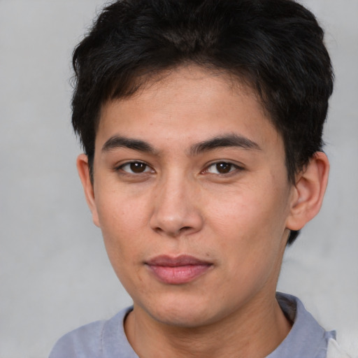 Neutral asian young-adult male with short  brown hair and brown eyes