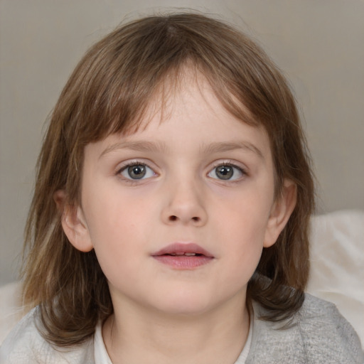 Neutral white child female with medium  brown hair and grey eyes