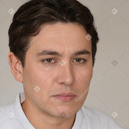 Neutral white young-adult male with short  brown hair and brown eyes