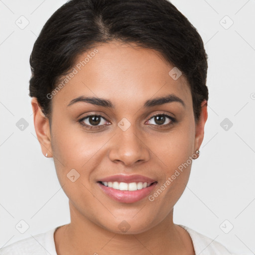 Joyful white young-adult female with short  brown hair and brown eyes