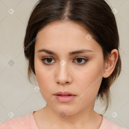 Neutral white young-adult female with medium  brown hair and brown eyes