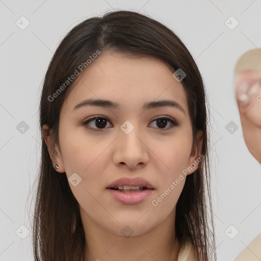 Joyful white young-adult female with long  brown hair and brown eyes