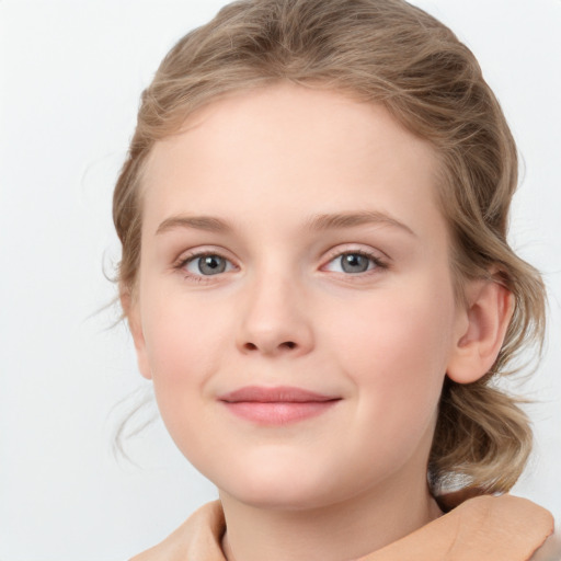 Joyful white child female with medium  brown hair and grey eyes