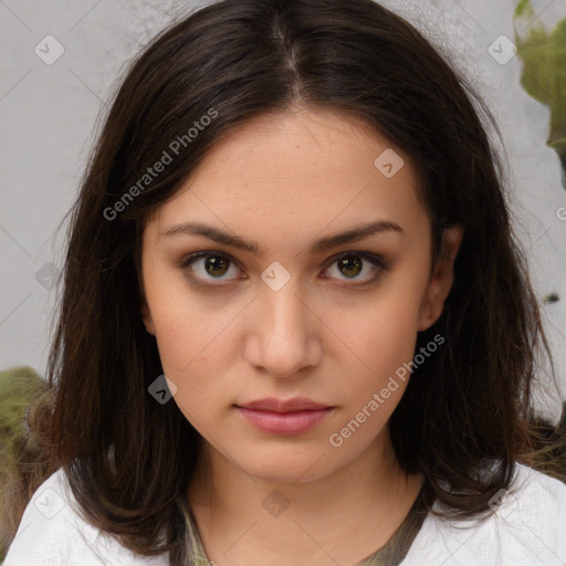 Neutral white young-adult female with medium  brown hair and brown eyes