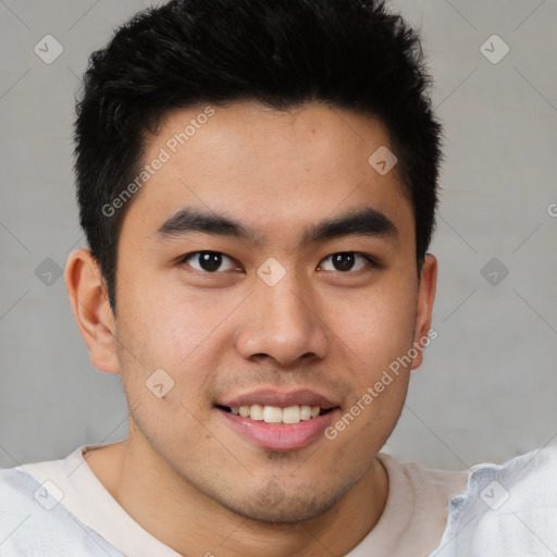 Joyful asian young-adult male with short  brown hair and brown eyes