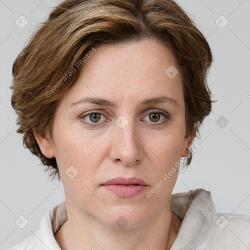 Joyful white young-adult female with medium  brown hair and green eyes