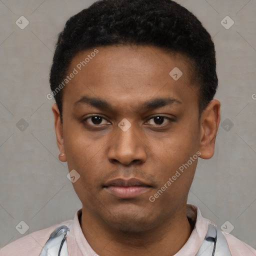 Neutral latino young-adult male with short  black hair and brown eyes