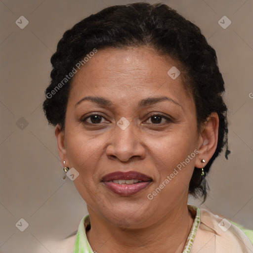 Joyful latino adult female with short  brown hair and brown eyes