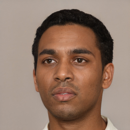 Neutral black young-adult male with short  black hair and brown eyes