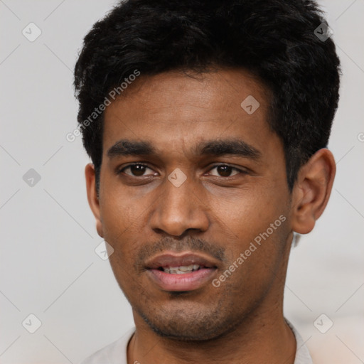 Neutral latino young-adult male with short  black hair and brown eyes
