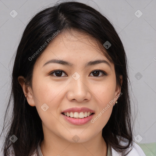 Joyful white young-adult female with medium  brown hair and brown eyes