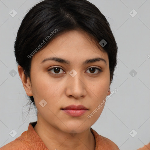 Neutral white young-adult female with short  brown hair and brown eyes