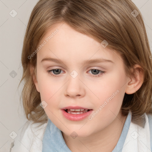 Joyful white child female with medium  brown hair and brown eyes