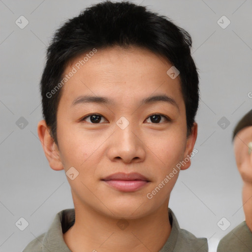 Neutral asian young-adult male with short  brown hair and brown eyes