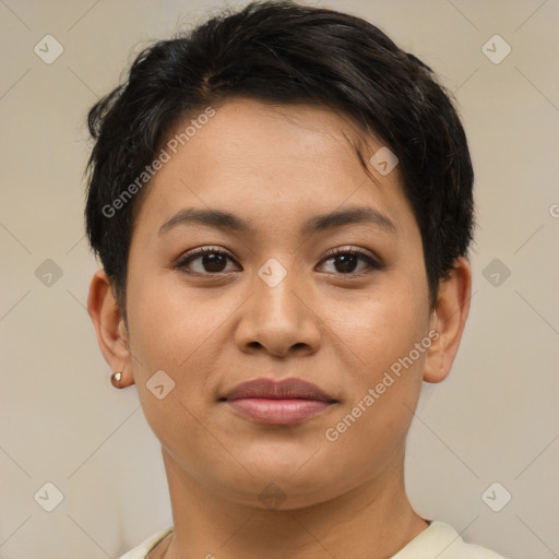 Joyful asian young-adult female with short  brown hair and brown eyes