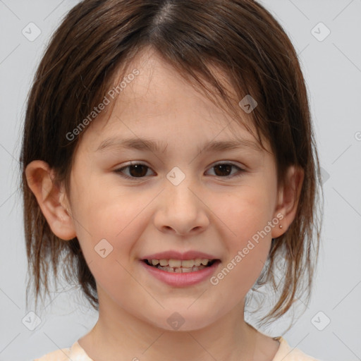 Joyful white child female with medium  brown hair and brown eyes