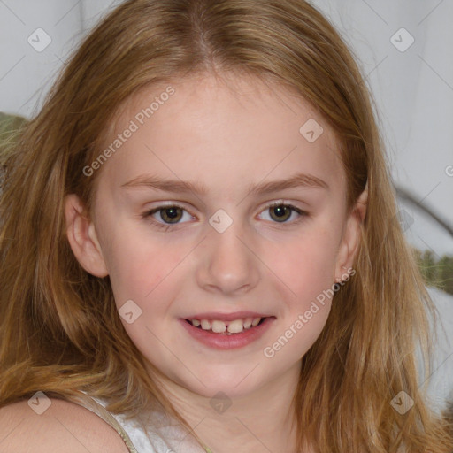 Joyful white child female with long  brown hair and brown eyes