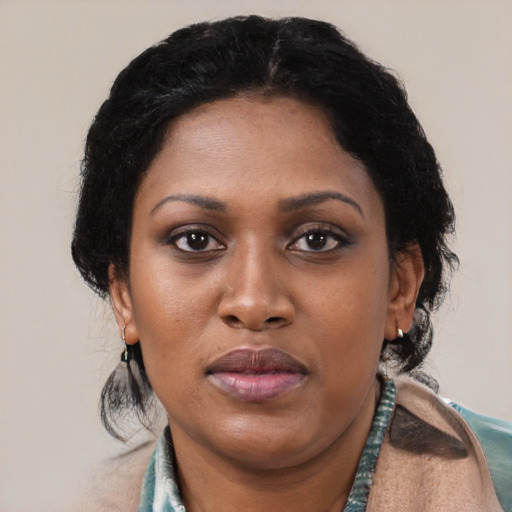 Neutral black young-adult female with medium  black hair and brown eyes
