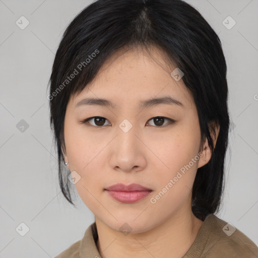 Neutral asian young-adult female with medium  black hair and brown eyes