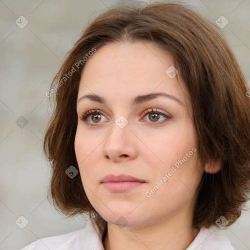 Neutral white young-adult female with medium  brown hair and brown eyes