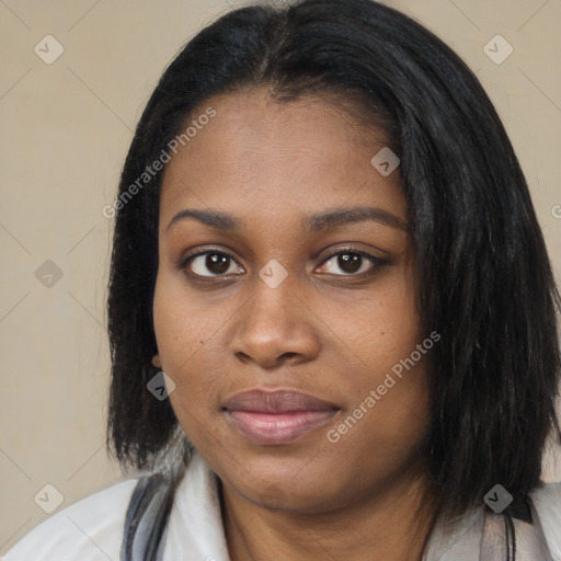 Joyful black young-adult female with medium  black hair and brown eyes