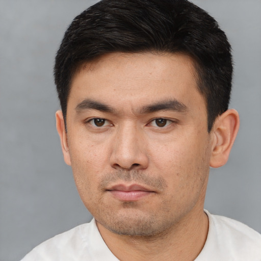 Neutral asian young-adult male with short  black hair and brown eyes