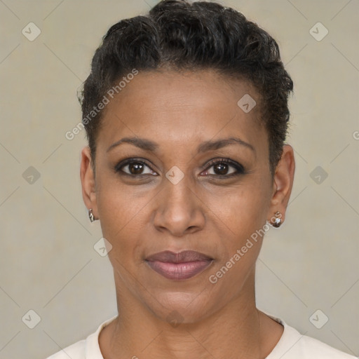 Joyful black adult female with short  black hair and brown eyes