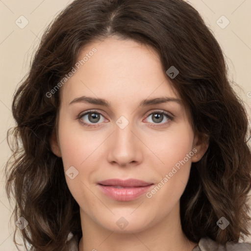 Joyful white young-adult female with medium  brown hair and green eyes