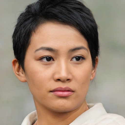 Neutral asian young-adult female with short  black hair and brown eyes