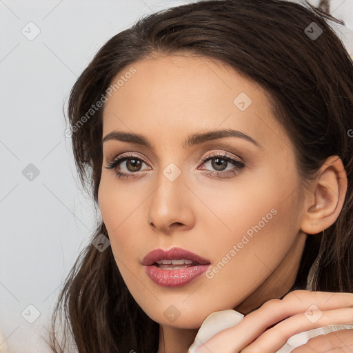 Neutral white young-adult female with long  brown hair and brown eyes