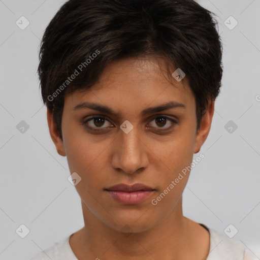 Neutral white young-adult female with short  brown hair and brown eyes