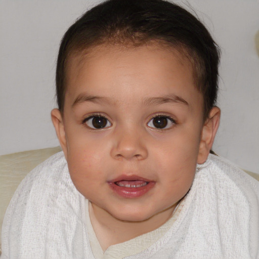 Joyful white child female with short  brown hair and brown eyes