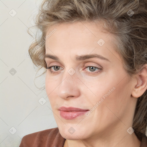 Neutral white young-adult female with medium  brown hair and grey eyes